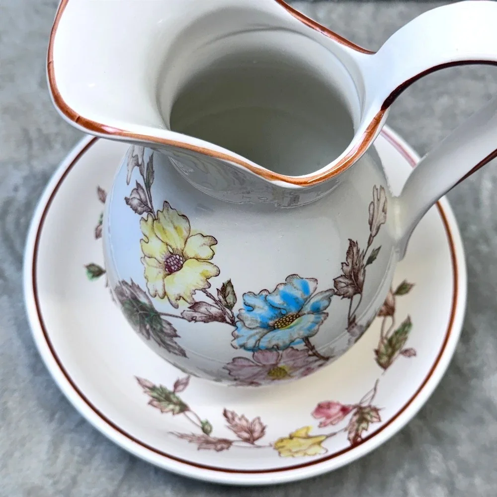 Vintage Japan Pitcher Bowl Set Floral Ceramic Mid Century‎ Cottage Botanical